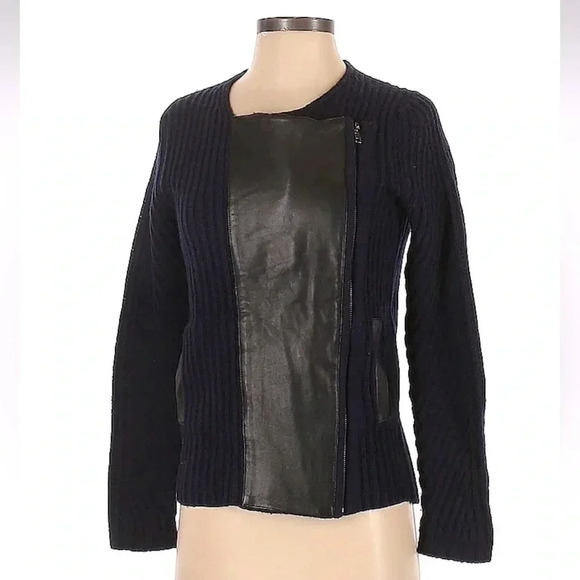 Madewell Dark Navy Ribbed Merino Wool Motorcycle Sweater Leather Trim Size XS - Picture 5 of 5